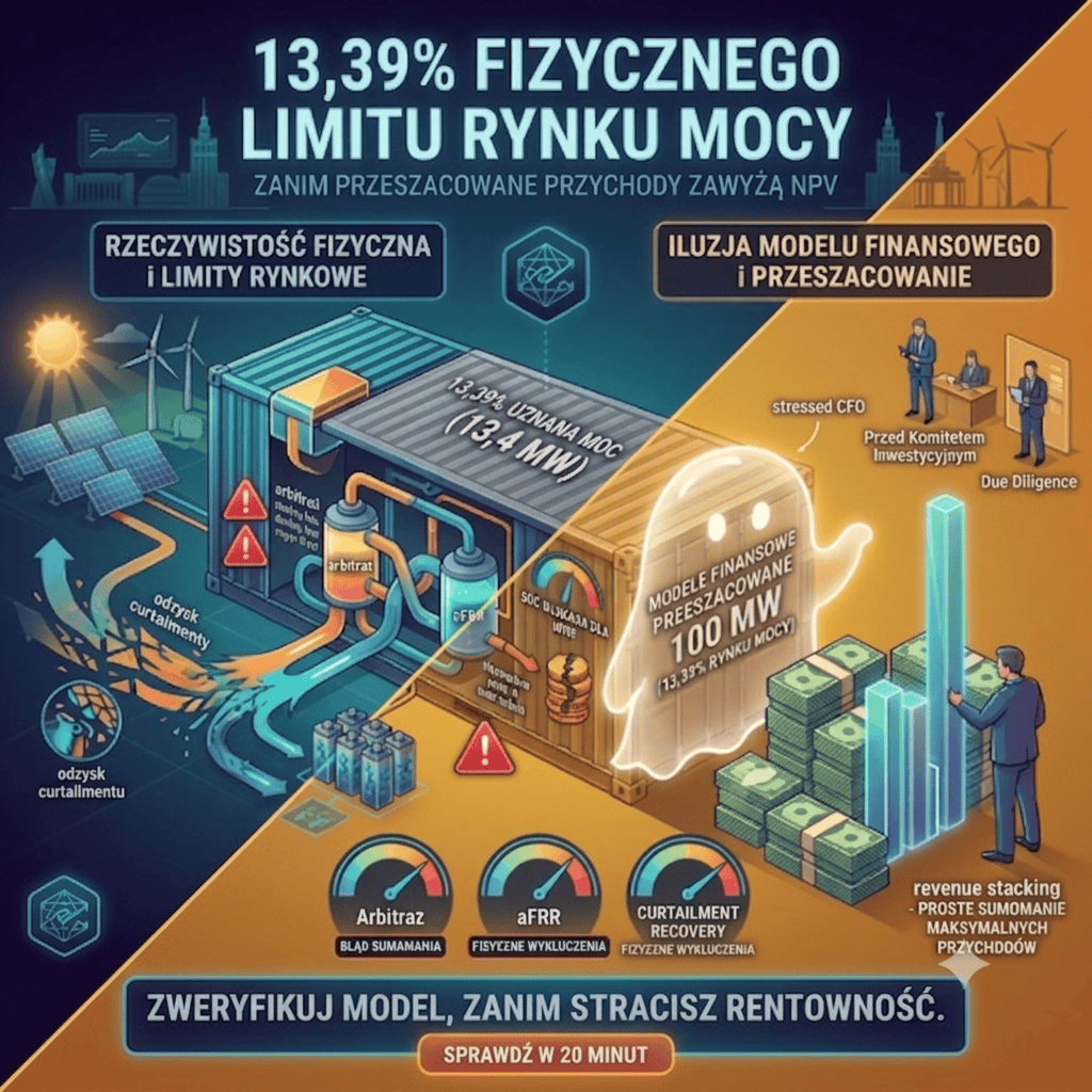 Rynek mocy uznaje tylko 13,39% Twojego BESS. Model może zawyżać także pozostałe przychody.