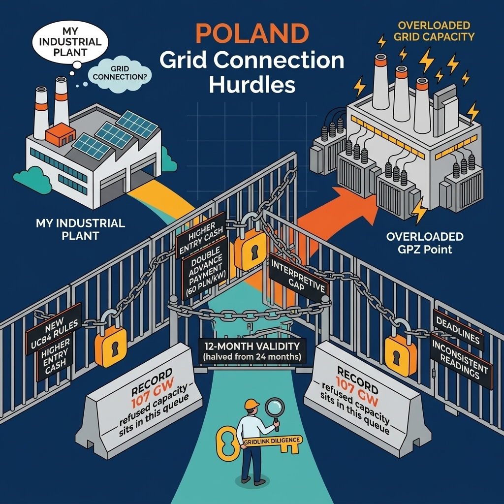 The 107 GW Poland refused last year sits in the same queue your factory will join.